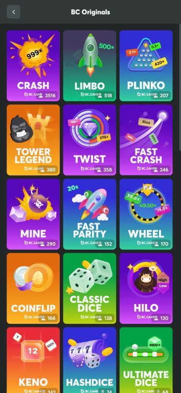 Screenshot of BC.Game's BC Originals games section showing exclusive casino games like Crash, Plinko, Limbo, Tower Legend, and other unique titles with colorful game tiles and player counts