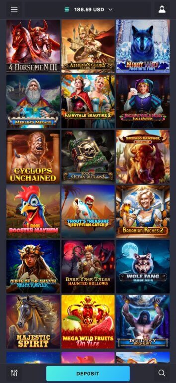 Ethereum Casino's comprehensive Spinomenal slots library displaying Wolf Fang Shadow Realm, Athena's Glory Hold & Hit, Majestic Spirit, Mega Wild Fruits, Demi Gods V, and other high volatility Spinomenal titles