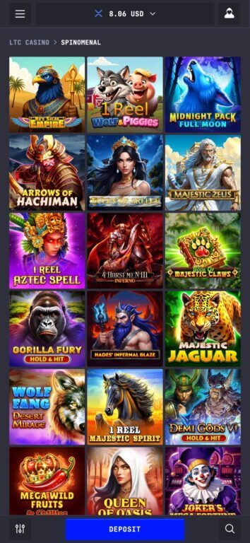 LTC Casino's Spinomenal slots section displaying popular games including Desert Empire, Wolf Piggies, Midnight Pack Full Moon, Majestic Zeus, Queen of Oasis, and other Spinomenal Gaming titles