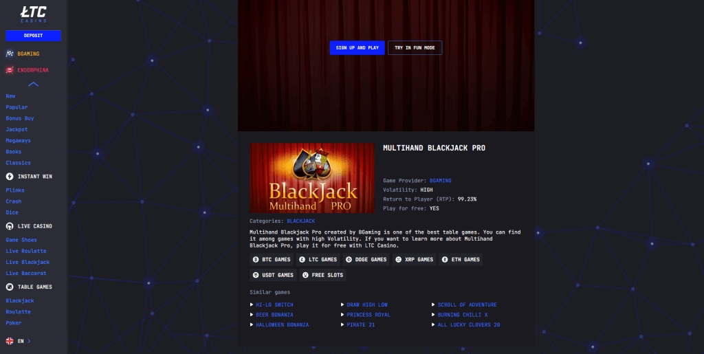 Information about the Multihand Blackjack Pro game at LTC Casino