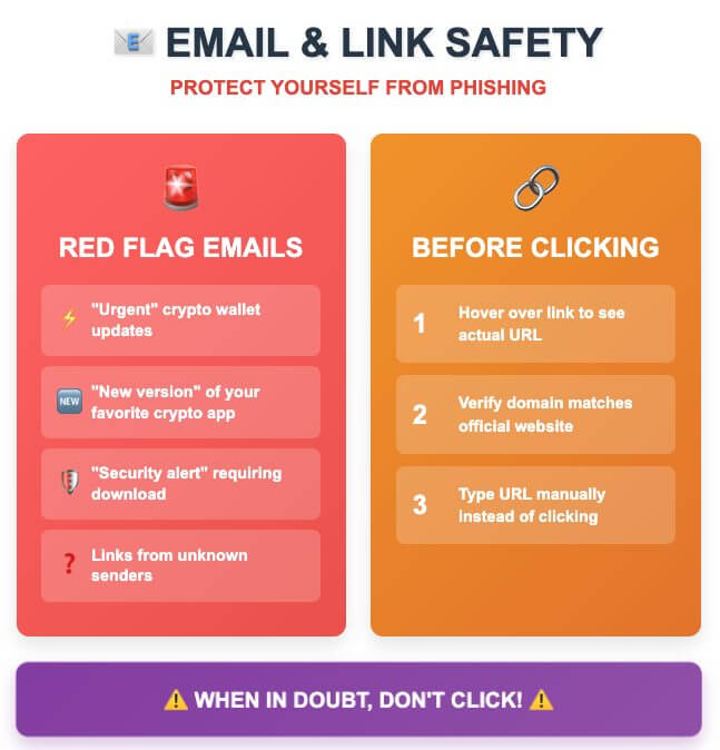 Email and link safety guide showing red flag emails (urgent crypto updates, new versions, security alerts, unknown senders) and 3-step link verification process (hover to see URL, verify domain, type manually)