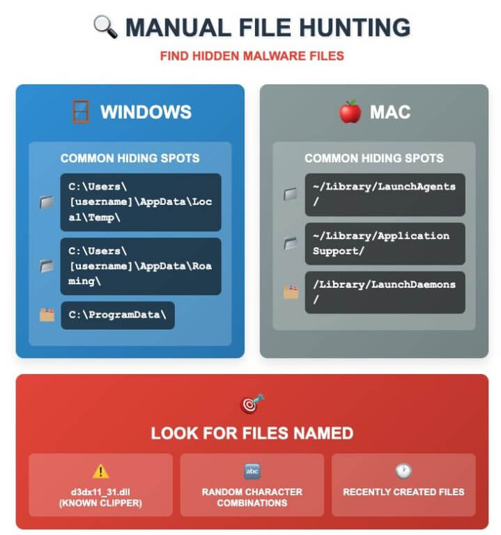 Manual malware file hunting guide showing Windows hiding spots (AppData Local/Roaming, ProgramData) and Mac spots (Library LaunchAgents/Application Support, LaunchDaemons), plus target files like d3dx11_31.dll, random character names, and recently created files